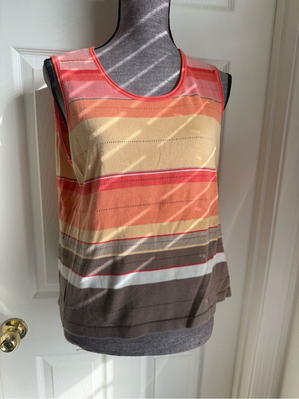 Liz Claiborne Striped Sleeveless Tank - Coral, Yellow & Brown